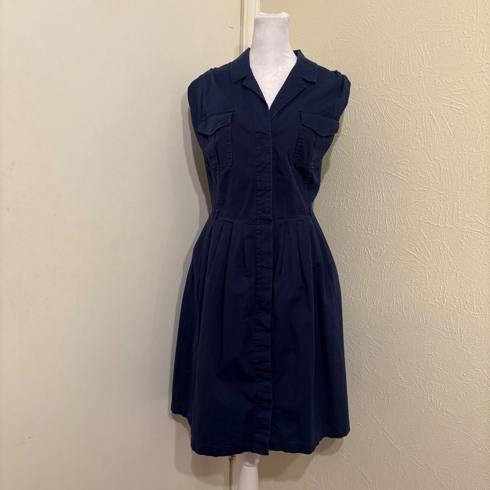 Navy Blue Sleeveless Button Down Shirt Dress Short Pleated Utility Casual 16